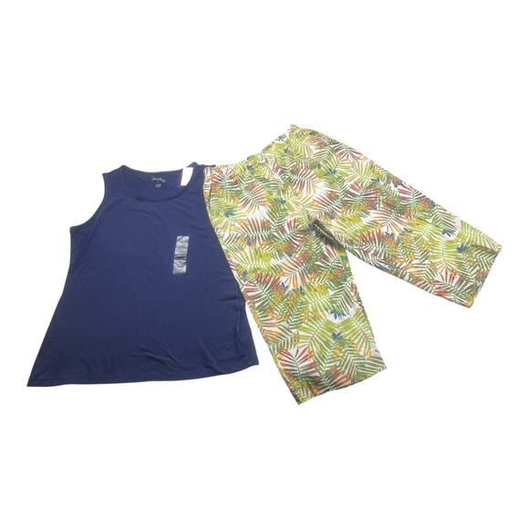 Coral Bay Navy Womens Tank L and Multicolor Tropical Capris M Drawstring Set - Picture 1 of 9